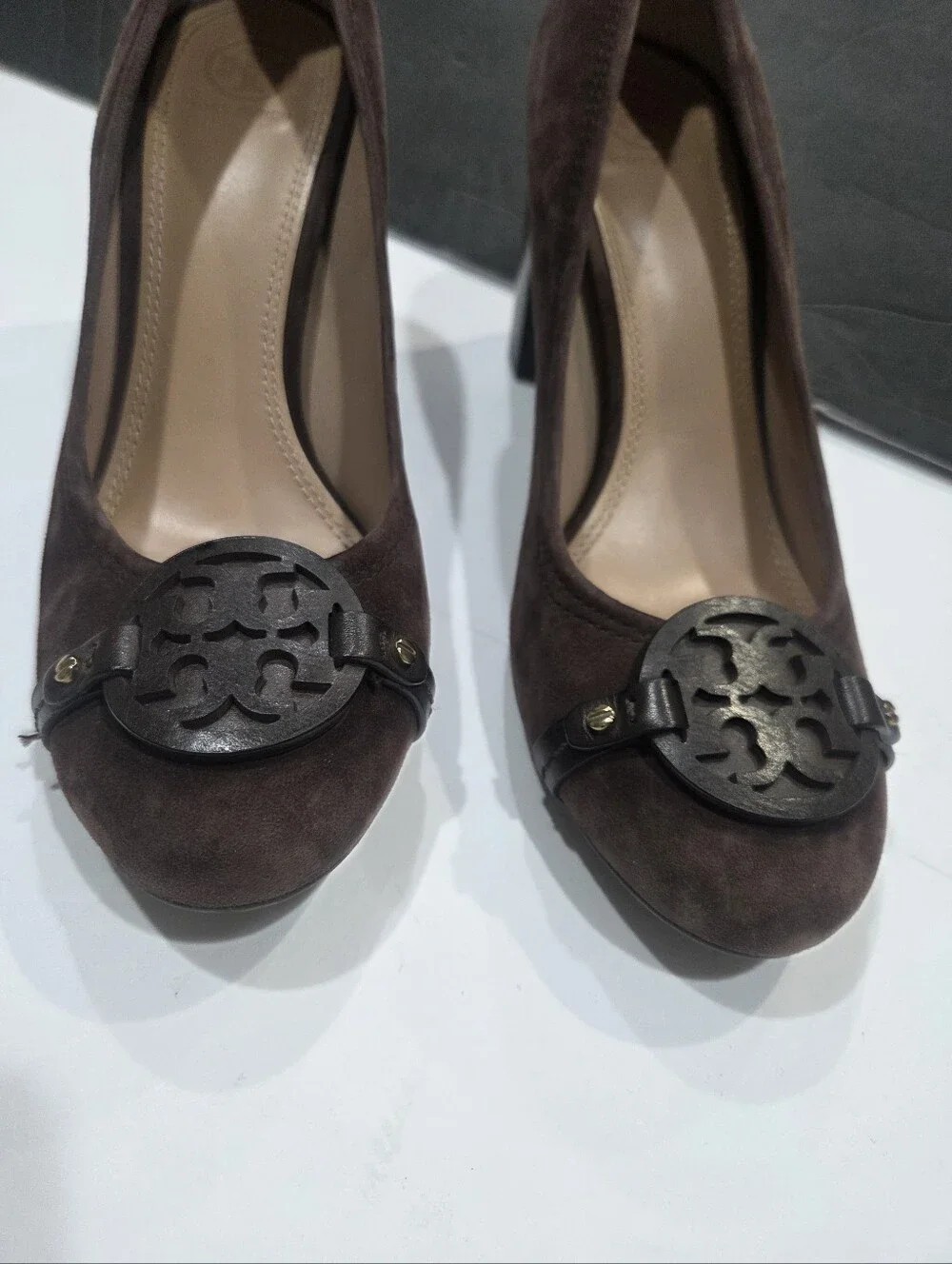 Tory Burch Dark Brown Suede Block Heel Pumps with Logo Medallion